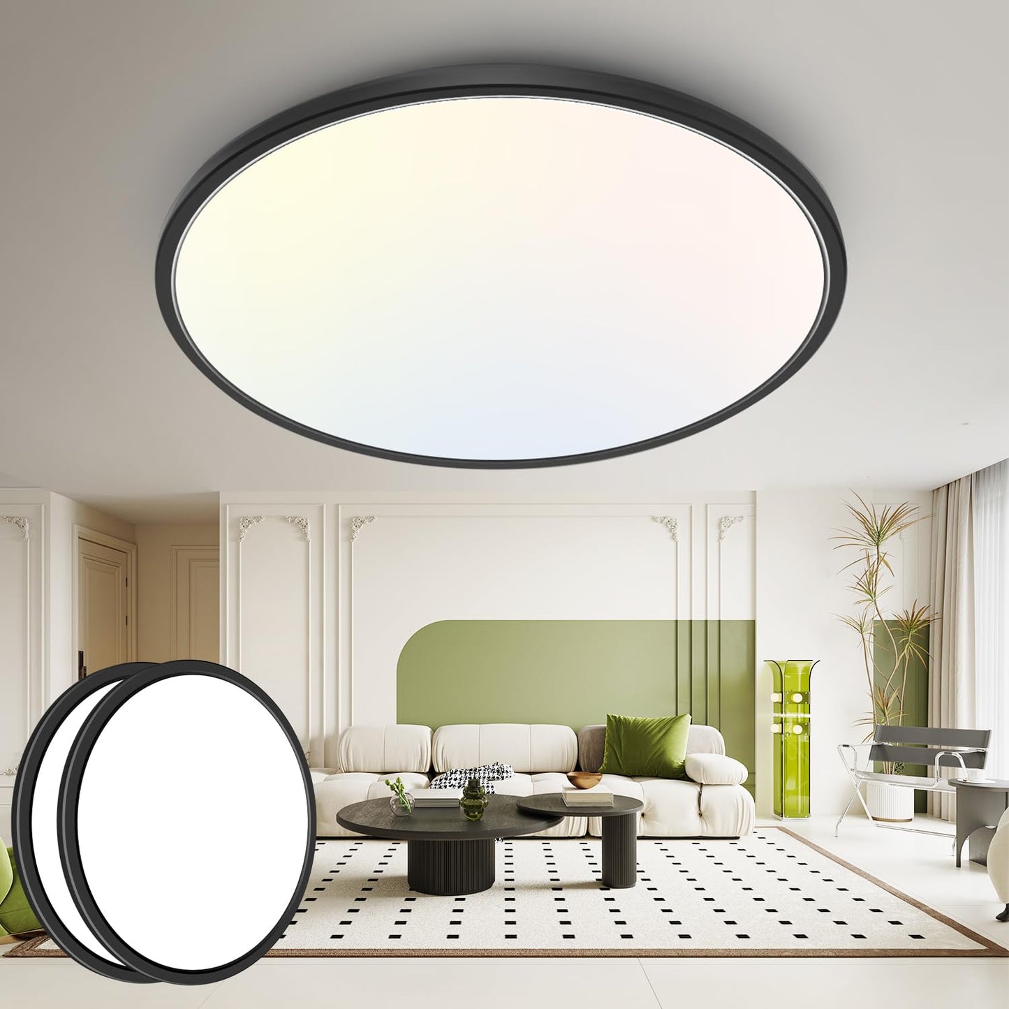 hepside 15.8 Inch Dimmable Flush Mount Ceiling Light Fixture, 3CCT 3000/4500/6000K, Black, 2-Pack, Plastic,