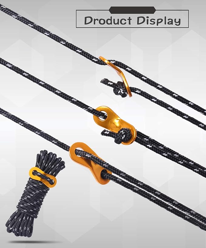 Hikeman 6 Pack 4mm Outdoor Guy Lines Tent Cords Lightweight Camping Rope with Aluminum Guylines Adjuster Tensioner Pouch for Tent Tarp, Canopy Shelter, Camping, Hiking, Backpacking (Yellow)