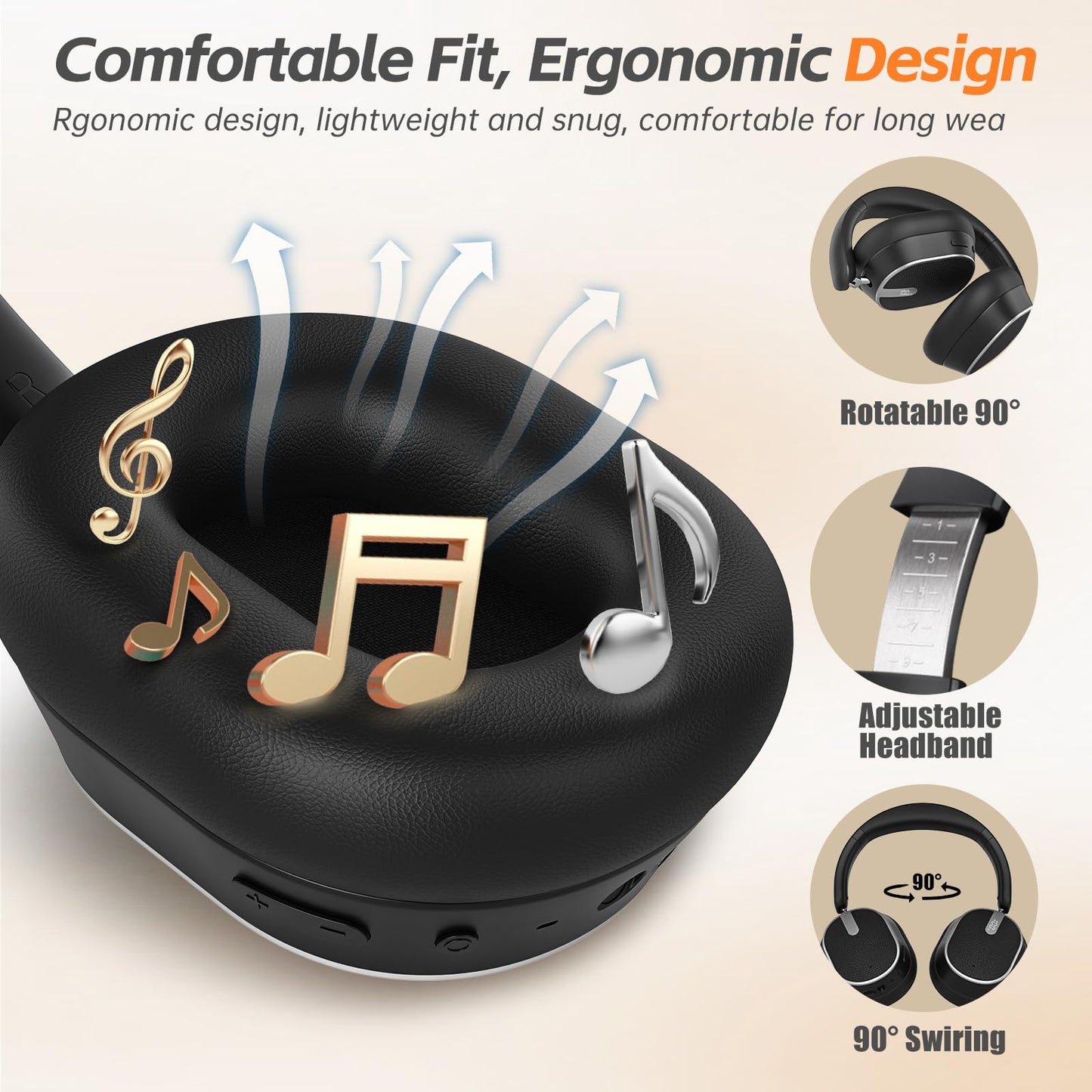 MMWOWARTS Hybrid Active Noise Cancelling Bluetooth Headphones, Over Ear Wireless Headphones with 40H Playtime, Deep Bass, Memory Foam Ear Cups for Home Office Travel