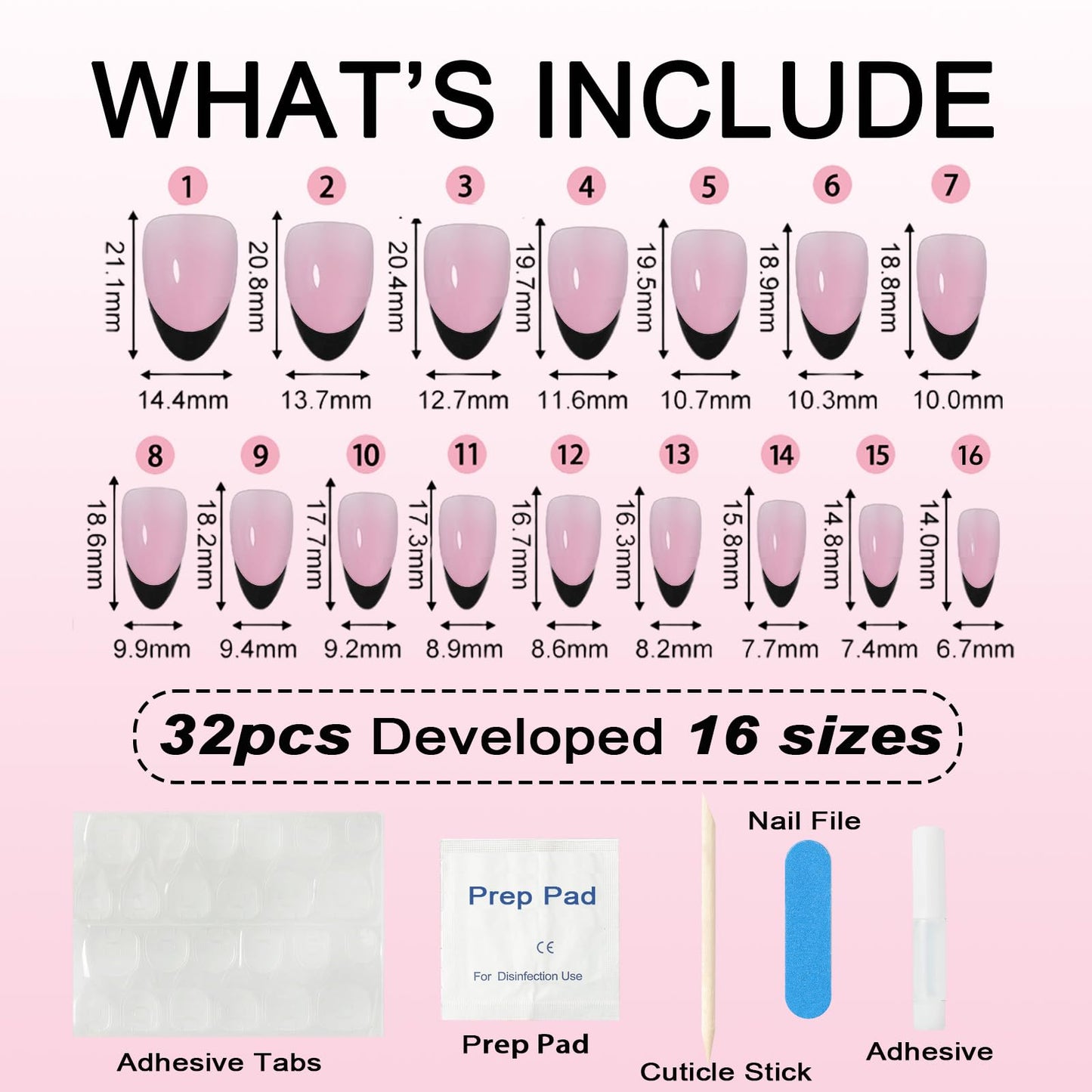MRSCOL Press on Nails-Black French,32 Pcs French Tip Press on Nails Almond,Press On Nails Short Reusable 16 Sizes - 32 Nail Kit