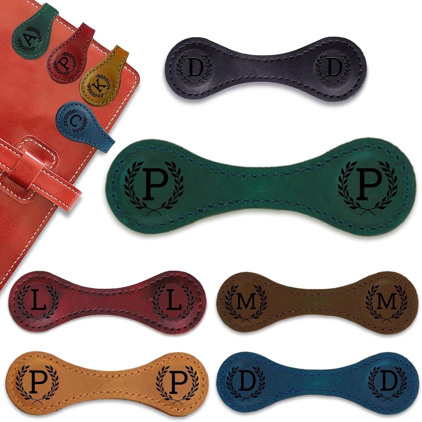 Personalized Magnetic Leather Bookmark - 26 Letters Vintage Engraved Book Marks,Custom Bookmark with Initial,Bookmarks for Women,Reading,Book Lovers (Green, P)