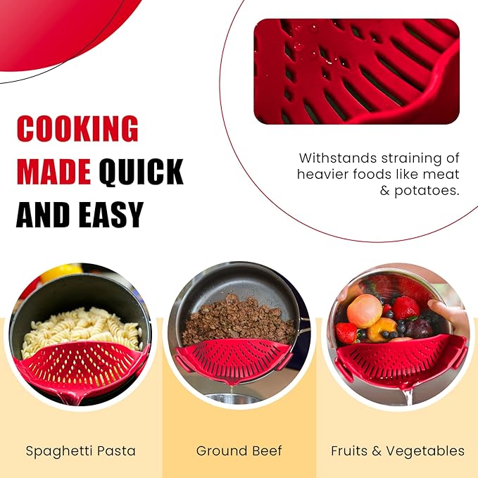 Clip On Kitchen Food Strainer for Spaghetti, Meat, Pasta, & Ground Beef Grease, Colander & Sieve Snaps or Clips Onto Bowls, Pots & Pans Includes Silicone Drainer, Brush & Garlic Peeler (Dk Red)