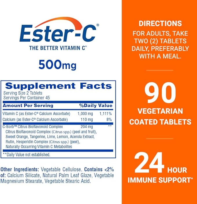 Ester-C 500 mg 24 Hour Vitamin C Tablets for Immune Support, Vitamin C Supplement, 90 Count (Pack of 4)