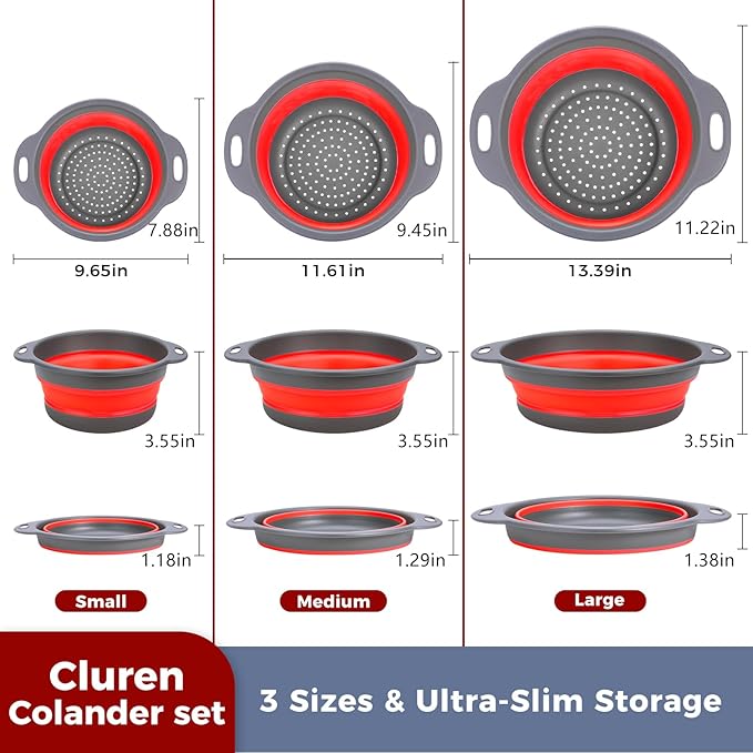Collapsible Colander Set with Universal Draining Tray | 3-Pack Foldable Kitchen Strainers + Base | Space Saving for Pasta, Veggies, Fruit & Rice | 5 Colors (Gray-Red)