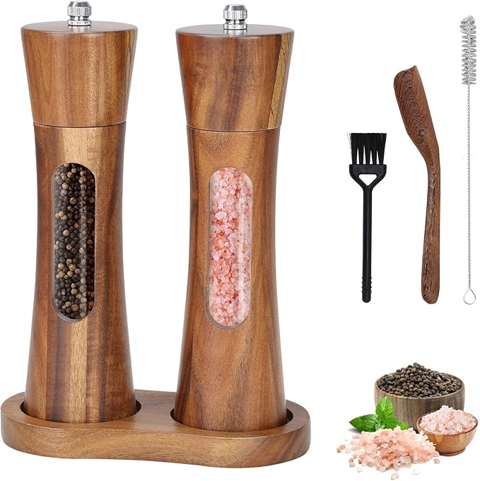 Wooden Salt and Pepper Grinder Set, 8 inch Manual Salt and Pepper Mill with Brush and Spoon, Adjustable Coarseness, Refillable Pepper Grinder for Kitchen, Transparent