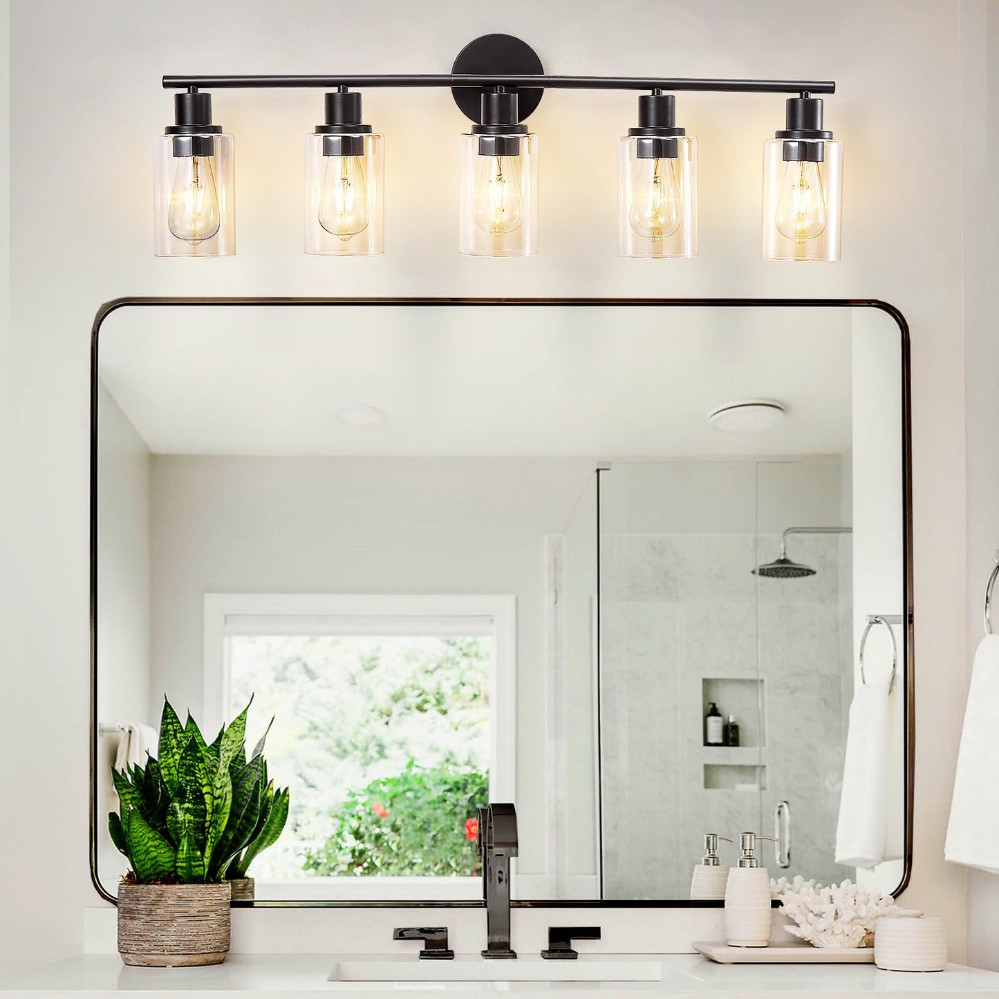 DINGLILIGHTING DLLT 5-Light Bathroom Light Fixture - Black Metal Vanity Lights with Clear Glass Shade