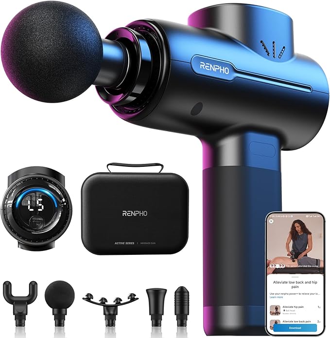 RENPHO Active+ Percussion Massage Gun - 5 Adjustable Speeds for Back, Neck, Muscle Recovery - App Controlled Guided Course...