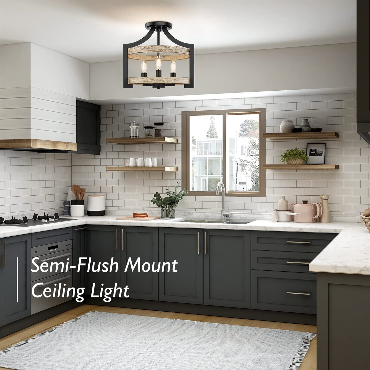 Beslowe 3-Light Rustic Farmhouse Pendant Light, Adjustable Height 68In, Black Metal Chandelier With White Birch Wood Finish