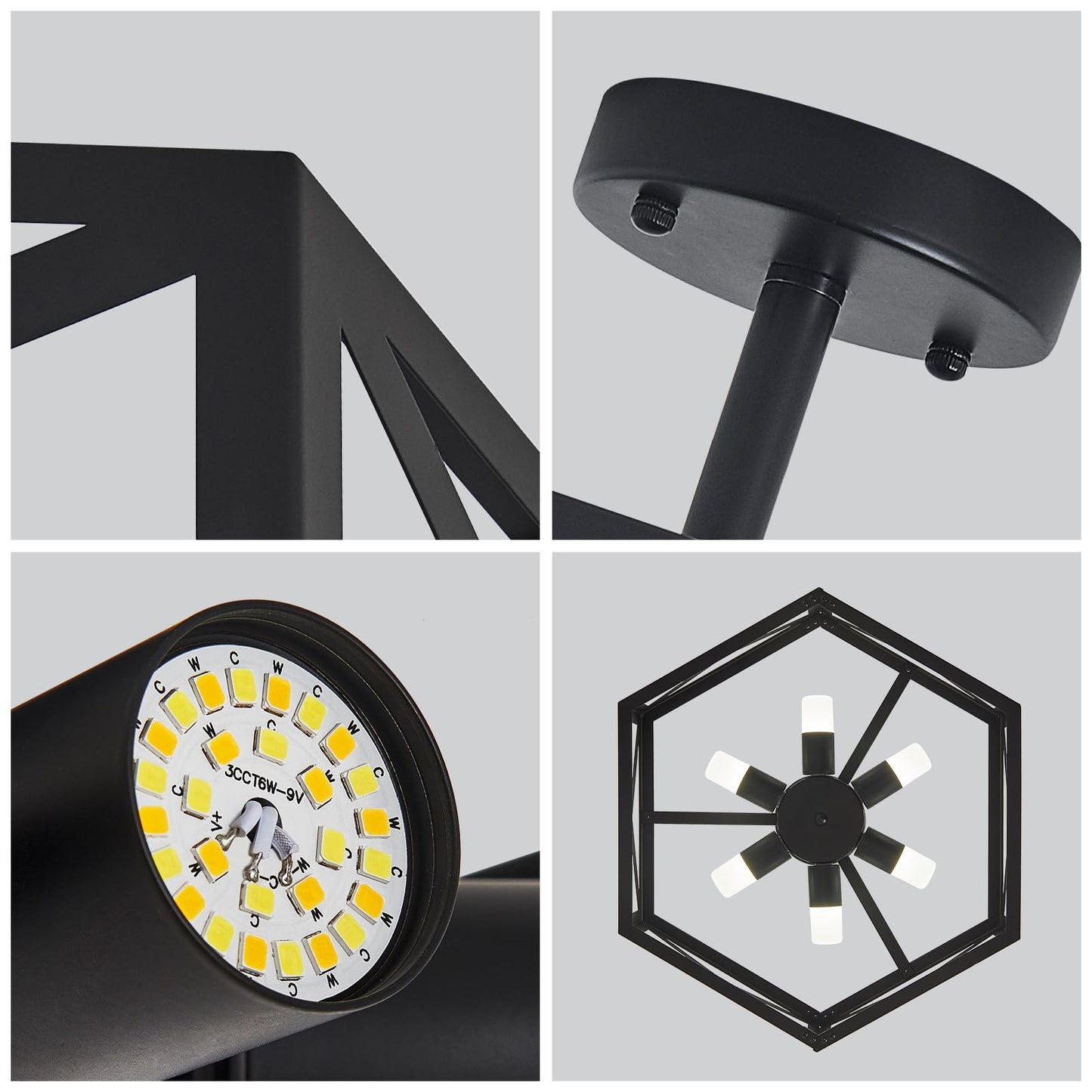 OTeedo Modern Semi Flush Mount Ceiling Light, 6-Light, Remote Control, Metal, Black, 19.7in, Model CL6H-R6