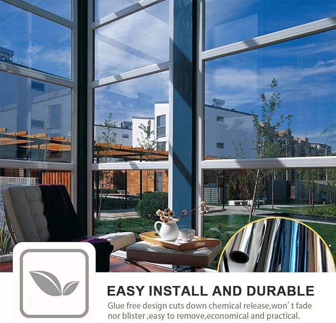 Filmgoo Window Privacy Mirror Film Non-Adhesive Static Cling One Way Daytime Privacy Film Sun Blocking Heat Control Window Tinting Film for Home Office, Black-Silver, 29.5 Inch x 13.1 Feet