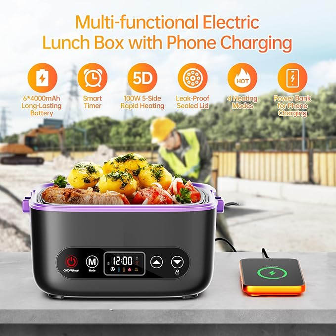 Cordless Electric Heated Lunch Box, 2x1.2L Portable Food Warmer Upgared 5D Surround Heat Tech 6x4000mAh Battery Powered with Dual Insulated Bag, 100W Automatic Heating 220°F Max BPA Free for Men