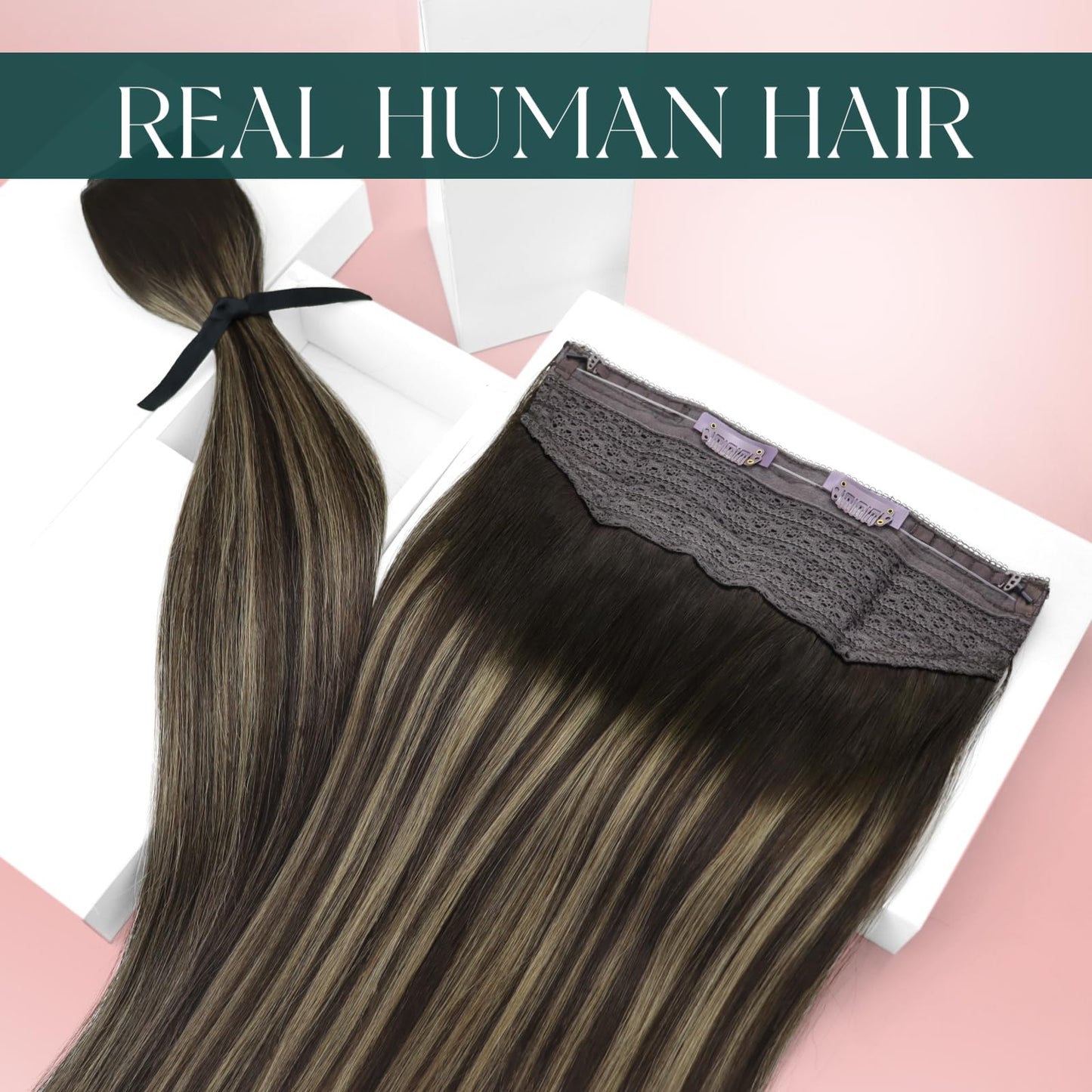 Easyouth Wire Extensions Real Human Hair Balayage Invisible Wire Hair Extensions Dark Brown Ombre Brown Fish Line Hair Extension