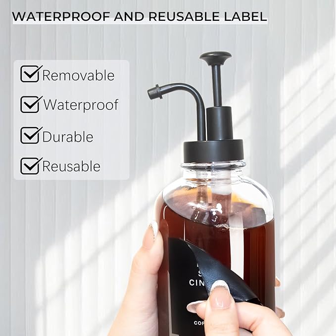 Coffee Syrup Dispenser for Coffee Bar, 3PCS Coffee Bar Accessory Syrup Dispenser w. Labels,16.9 oz 500ml Simple Glass Syrup Bottle w. Tray & Coffee Scoop