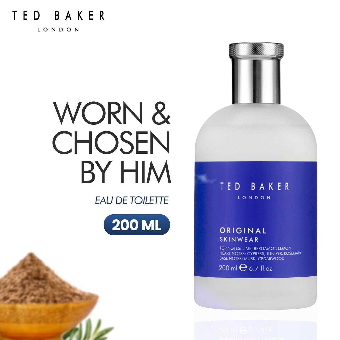 Ted Baker Skinwear EDT, woody masculine fragrance, zesty lime, bergamont and lemon top notes with sandalwood, amber and cedar ba