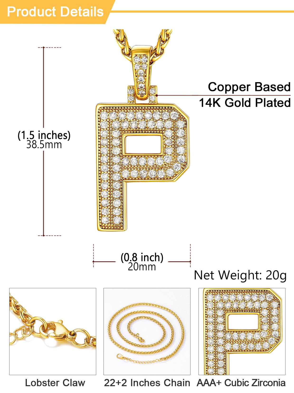 U7 Initial Necklace 18K Gold Plated Chain Hip Hop Bling Costume Jewelry Personalized Alphabet Letter P Pendant