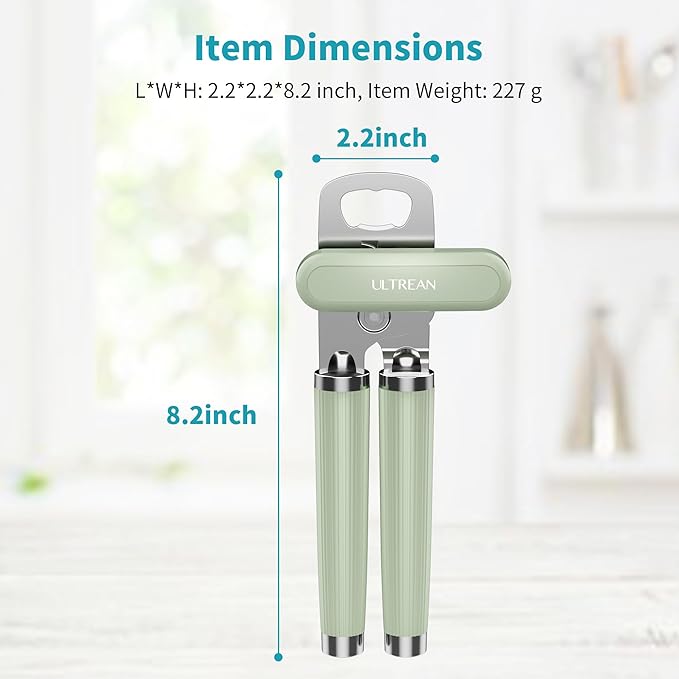 Ultrean Manual Can Opener Bottle Opener, Heavy Duty Stainless Steel Smooth Edge Manual Hand Held Can Opener With Soft Touch Handle, Rust Proof Oversized Handheld Easy Turn Knob (Green)