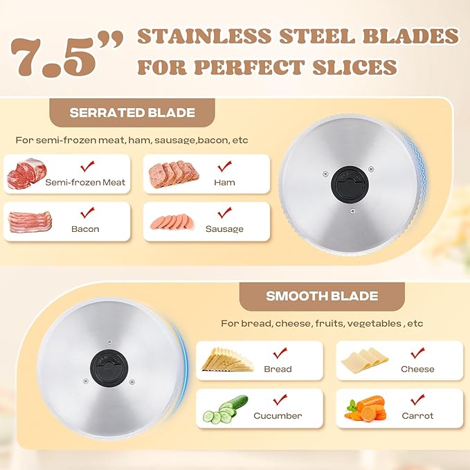 Moongiantgo Electric Meat Slicer 200W With 2 Removable 7.5’’ Stainless Steel Blades, 0-15MM Adjustable Thickness for Home Use, Child Lock Protection, Meat Cheese Bread Deli Food Slicer Machine, 110V