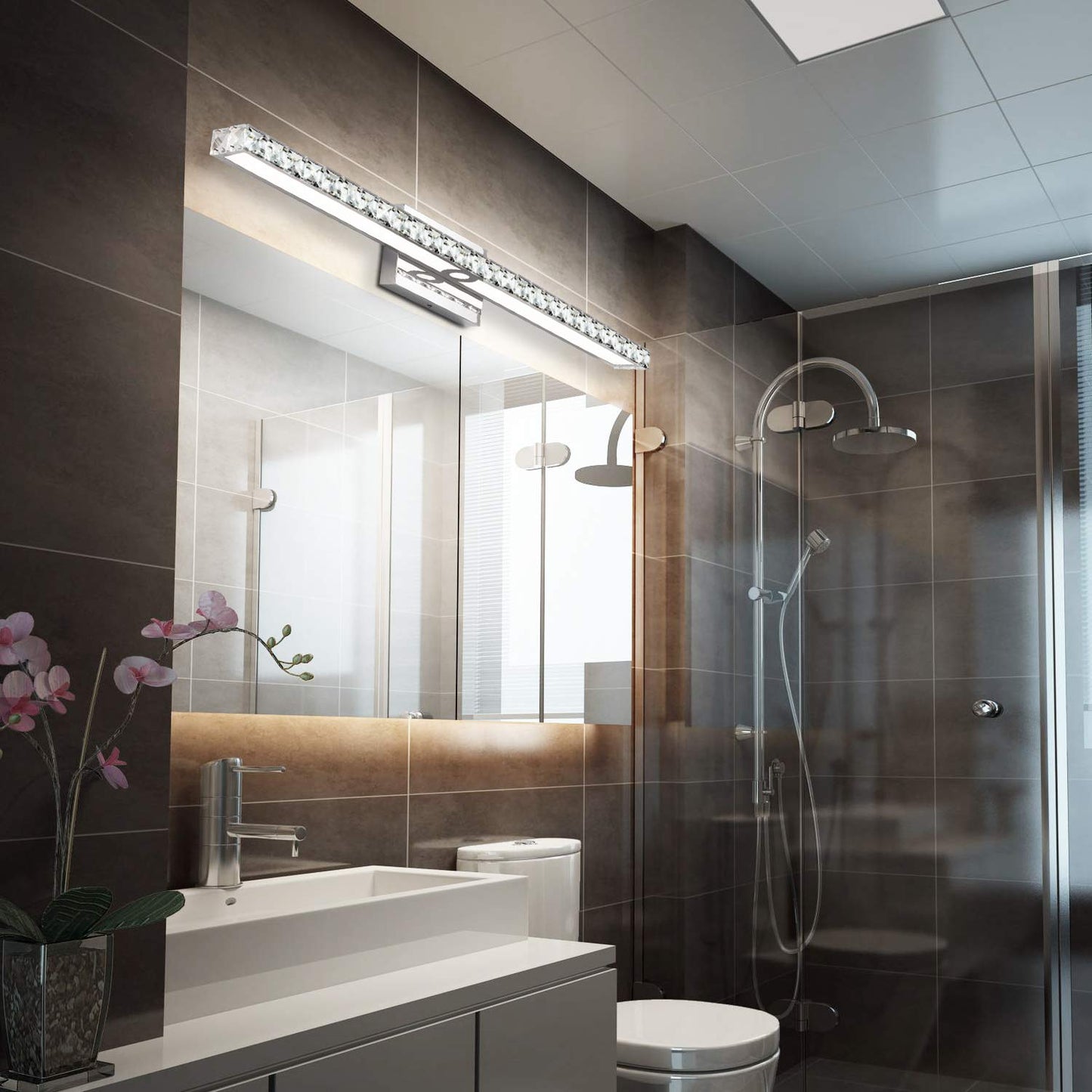 SOLFART Crystal Vanity Lights LED Dimmable Bathroom Fixtures 33.5in Chrome Modern Design