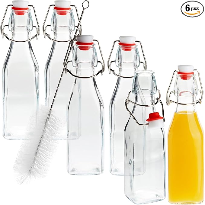 Juvale 6 Pack 8 oz Swing Top Glass Bottles with Stoppers, Cleaning Brush - Hot Sauce Bottles for Vanilla Extract, Infused Oil, Syrup, Homemade Kombucha