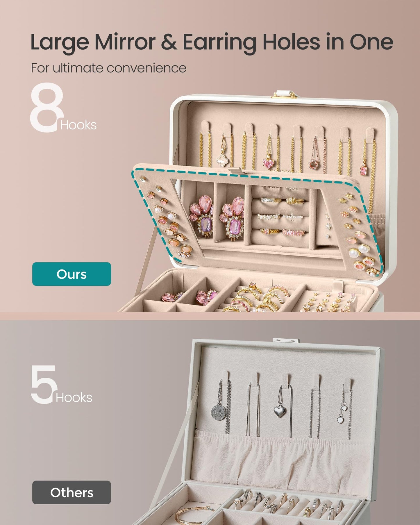 SONGMICS Jewelry Box with Mirror, 2-Layer Jewelry Holder Organizer, Travel Jewelry Case, Removable Jewelry Tray, 6.9 x 8.7 x 4.3