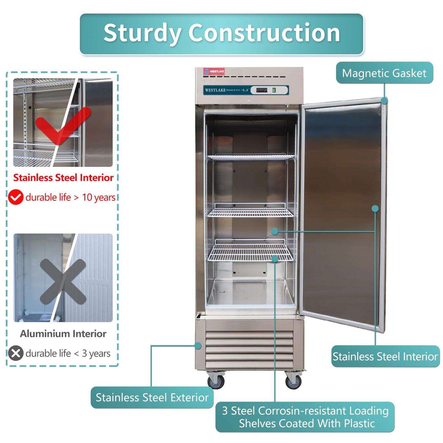 WESTLAKE Commercial Freezer 27"W Stainless Steel Reach-in Solid Single Door Upright Fan Cooling 23 Cu.ft Freezer for Restaurant, Bar, Shop, etc