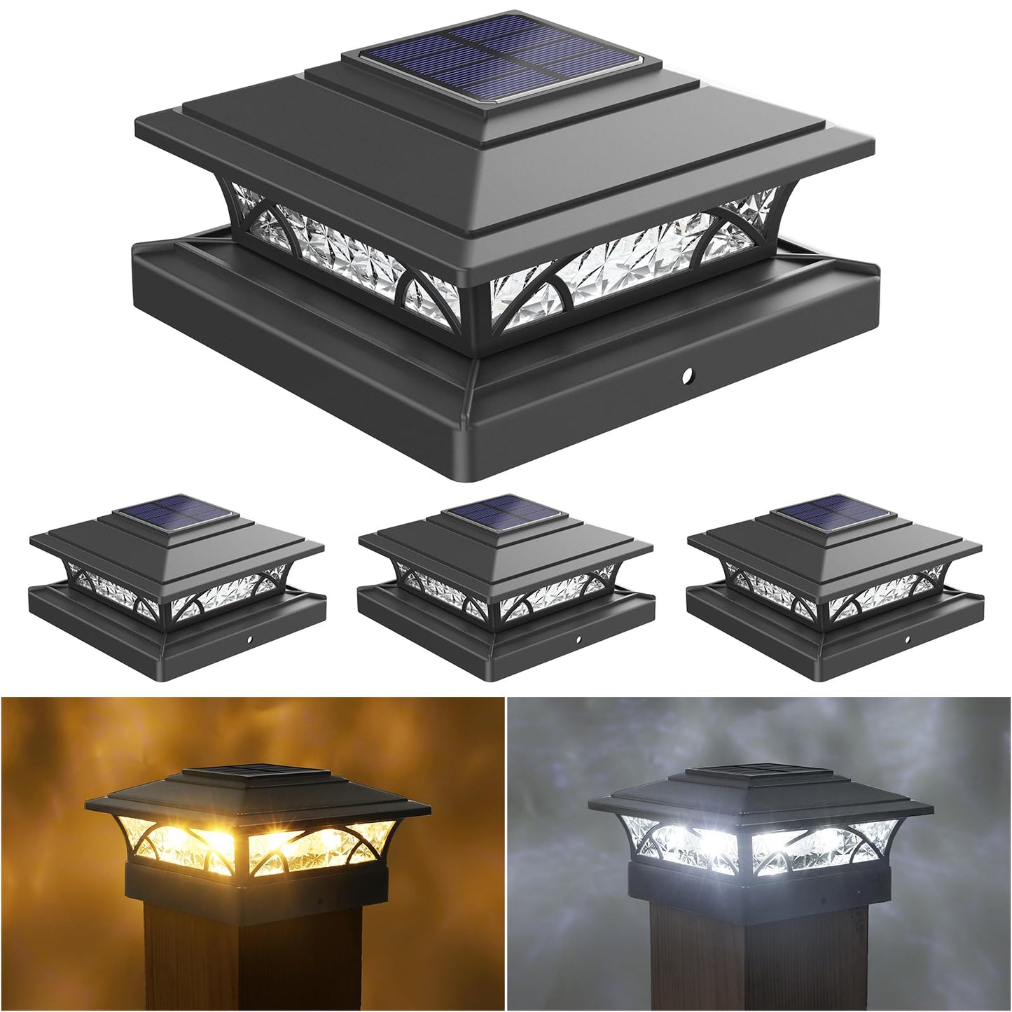 JOFIOS Solar Post Cap Lights Outdoor 4pack, Black Deck Fence Post Lights Solar Powered with 16LEDS 2 Lighting Modes, 4x4/5x5/6x6