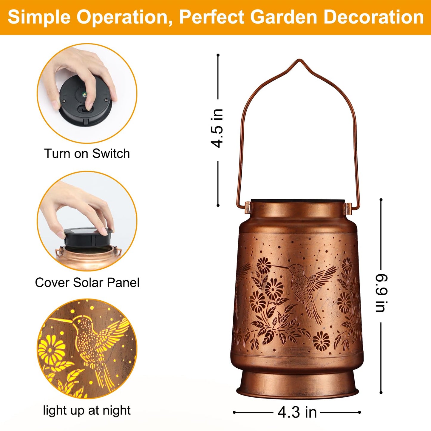 Solar Lantern Outdoor Hanging Waterproof Outside Metal Openwork Hummingbird Pattern Birthday Gifts For Women Mom Landscape Lights For Porch Garden Yard Patio Pathway Decor(Great Hummingbird)