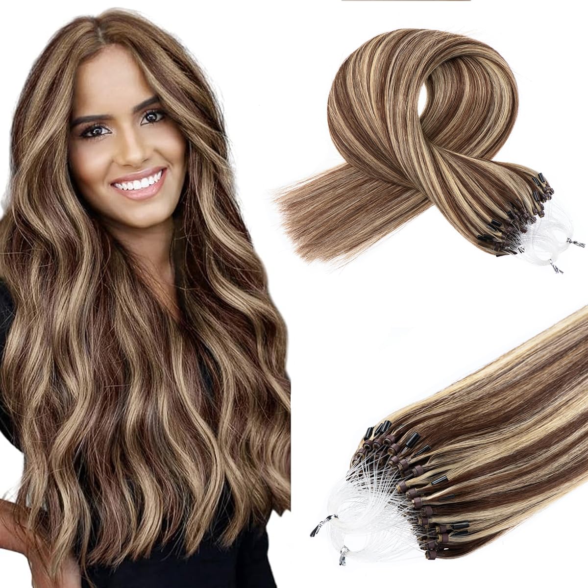 Kpvxxve 24 Inch Human Hair Extensions Micro Beads Hair Extensions Ombre Remy Human Hair Brown with Bleach Blonde Micro Loop Huma