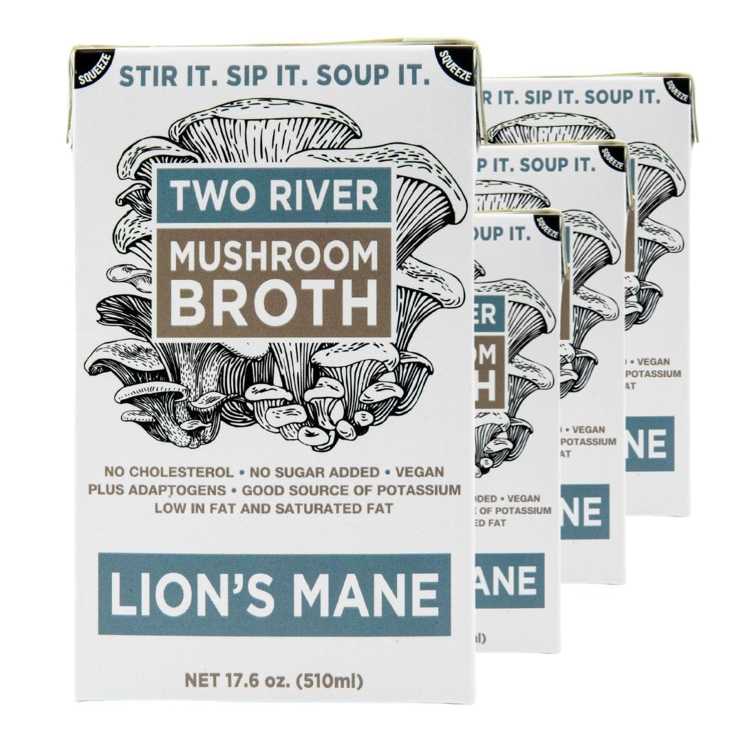 Two River Lions Mane Mushroom Broth made with organic Lions Mane and Shiitake Mushrooms, vegan plus adaptogens, perfect for si
