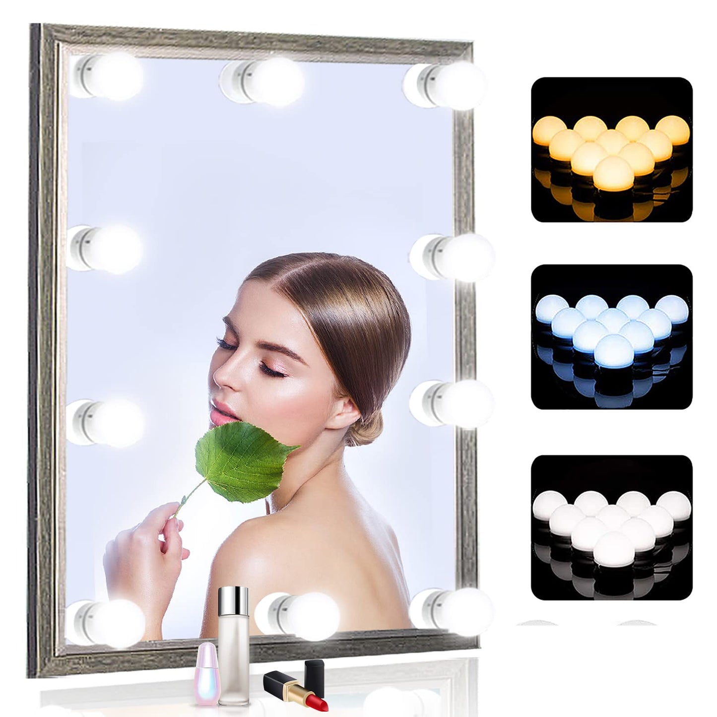 SICCOO Vanity Mirror Lights, 10 Dimmable LED Bulbs, USB Cable, Hollywood Style, Warm Cold, White, Model CW-10