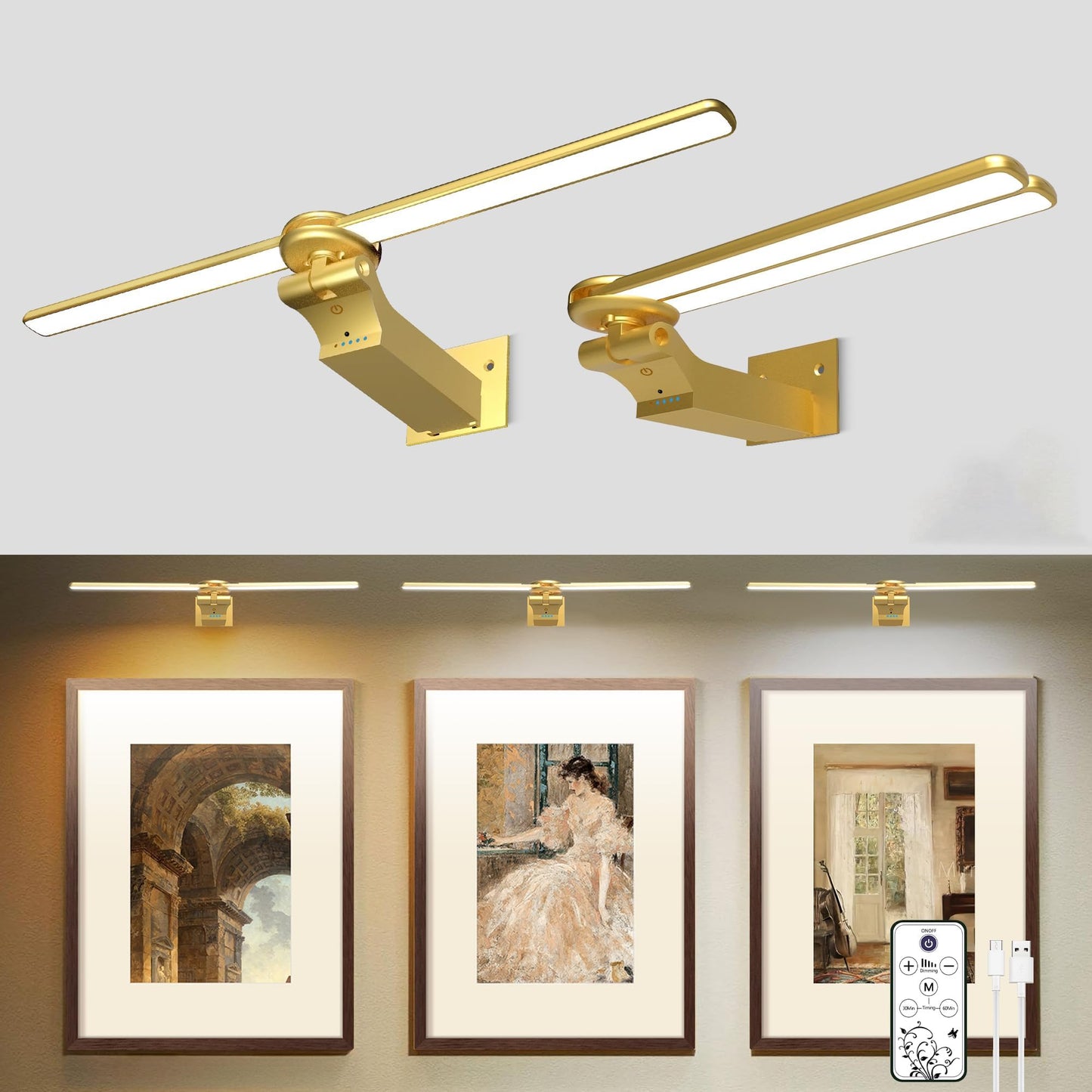 doublacy 2 Pack Picture Light, 18in Dimmable Wall Art Light with Timer, Remote Control, Gold, Model AA-3