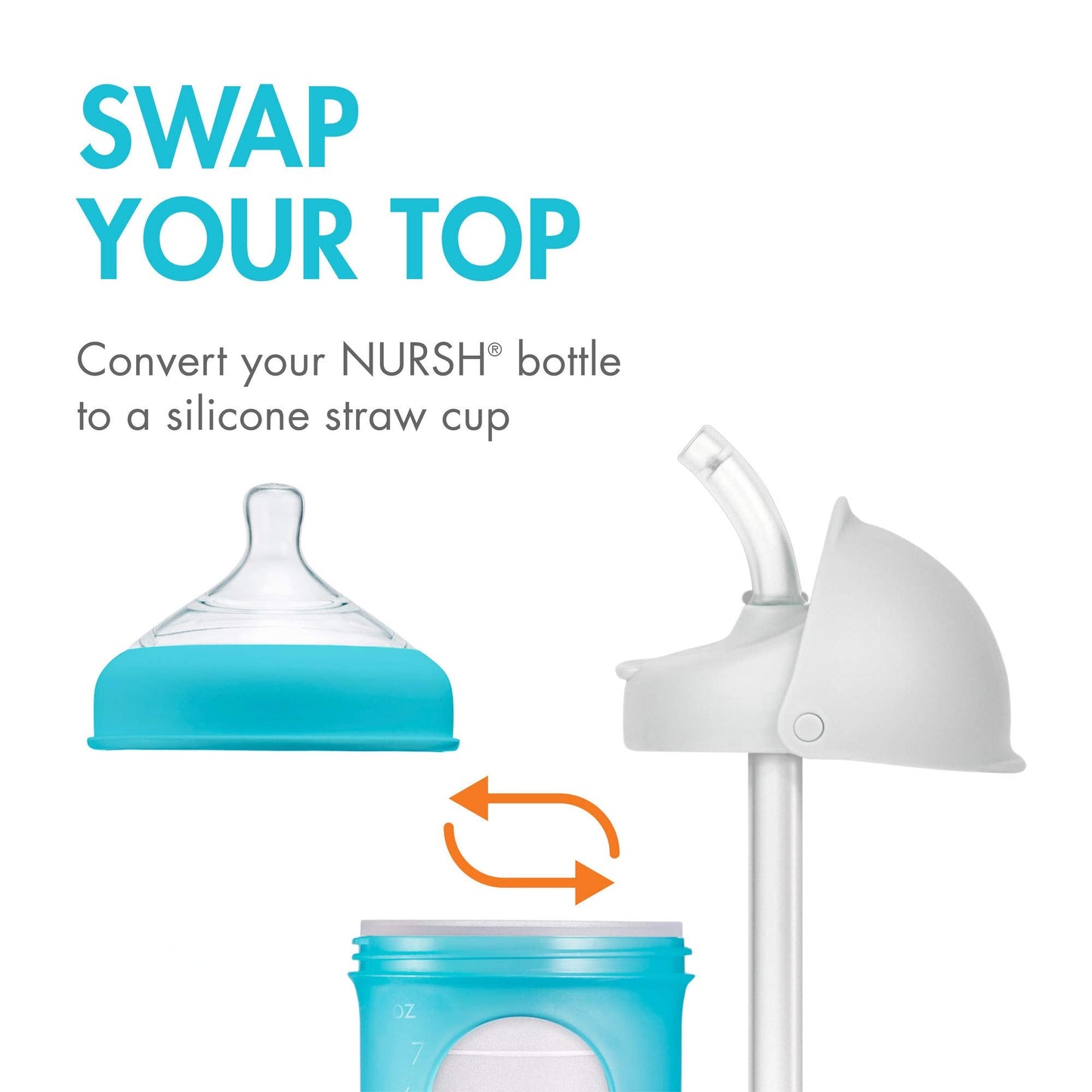 Boon Nursh Reusable Silicone Baby Bottles with Conversion Straw Sippy Cup Lids - Stage 2 Medium Flow Nipples - Blue - 8 Oz - 3 Count