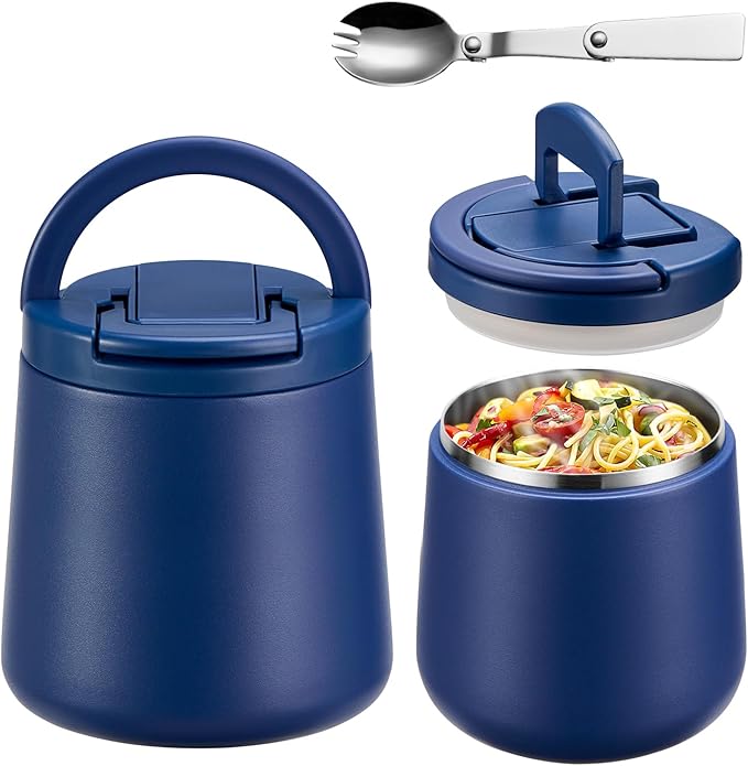 Kids Thermo for Hot Food 20oz Lunch Containers with Buckle Lid Wide Mouth Hot Food Jar Vacuum Insulated Stainless Steel Bento Box Leakproof with Spoon(Blue)