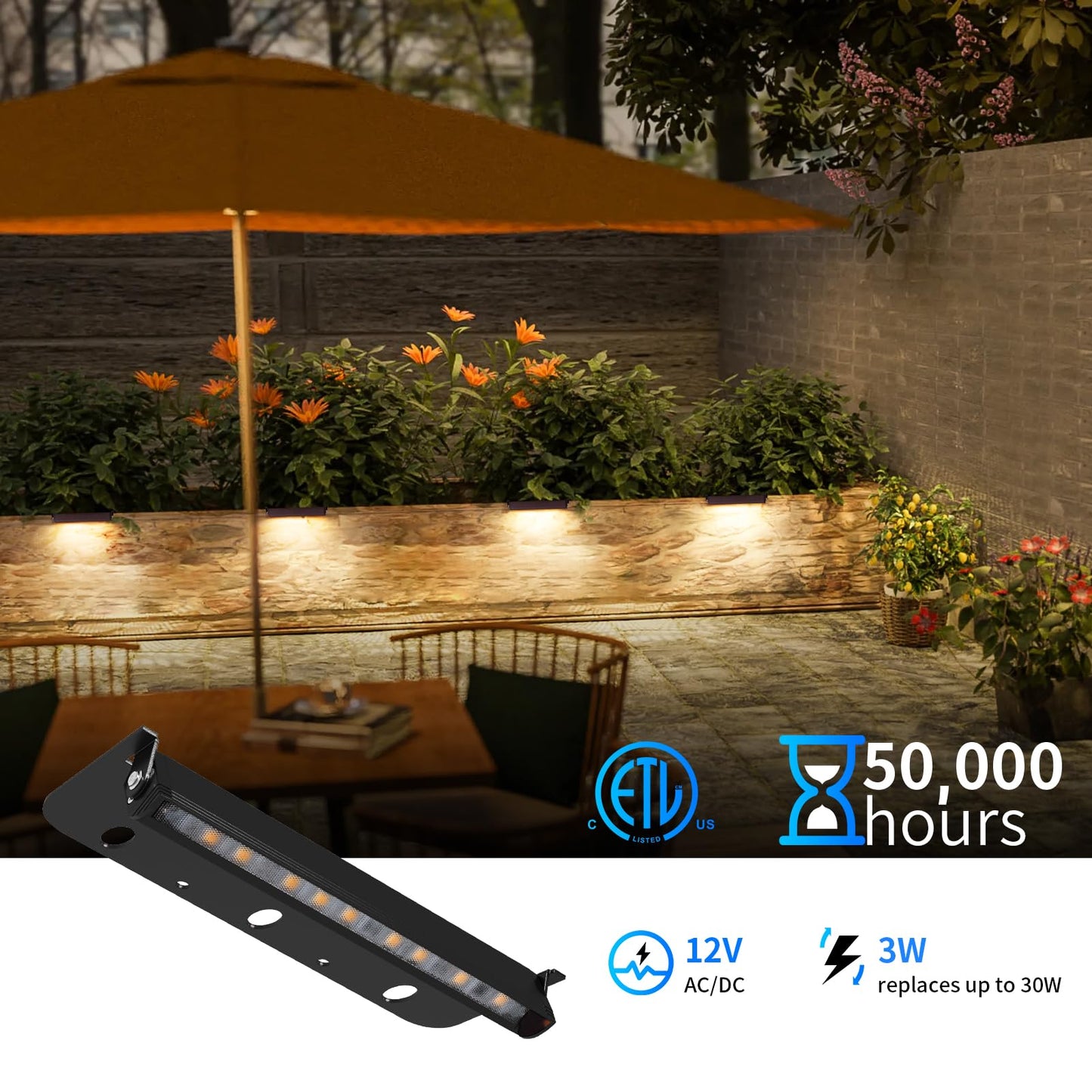 Kwinmyso 12-Packs 3W 7Inch Led Hardscape Paver Lighting 12V Ac/Dc Low Voltage Retaining Wall Lights Landscape Lighting 2700K Soft White Outdoor Step Light 50 000 Hours Lifespan-Black