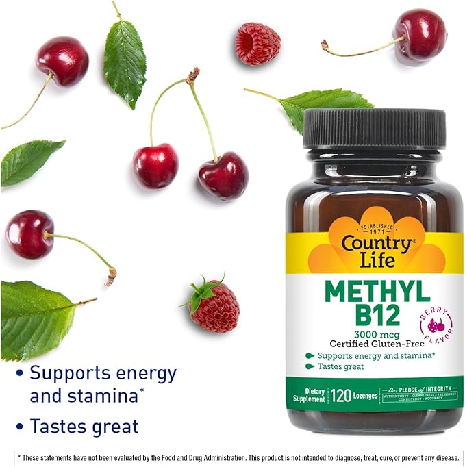 Country Life Methyl B-12 3000 mcg Lozenges, Vegan, Methylcobalamin for Energy and, Easily Absorbed, B12 Vitamin, Supports Energy Levels, Stamina & Metabolism, 120 Count