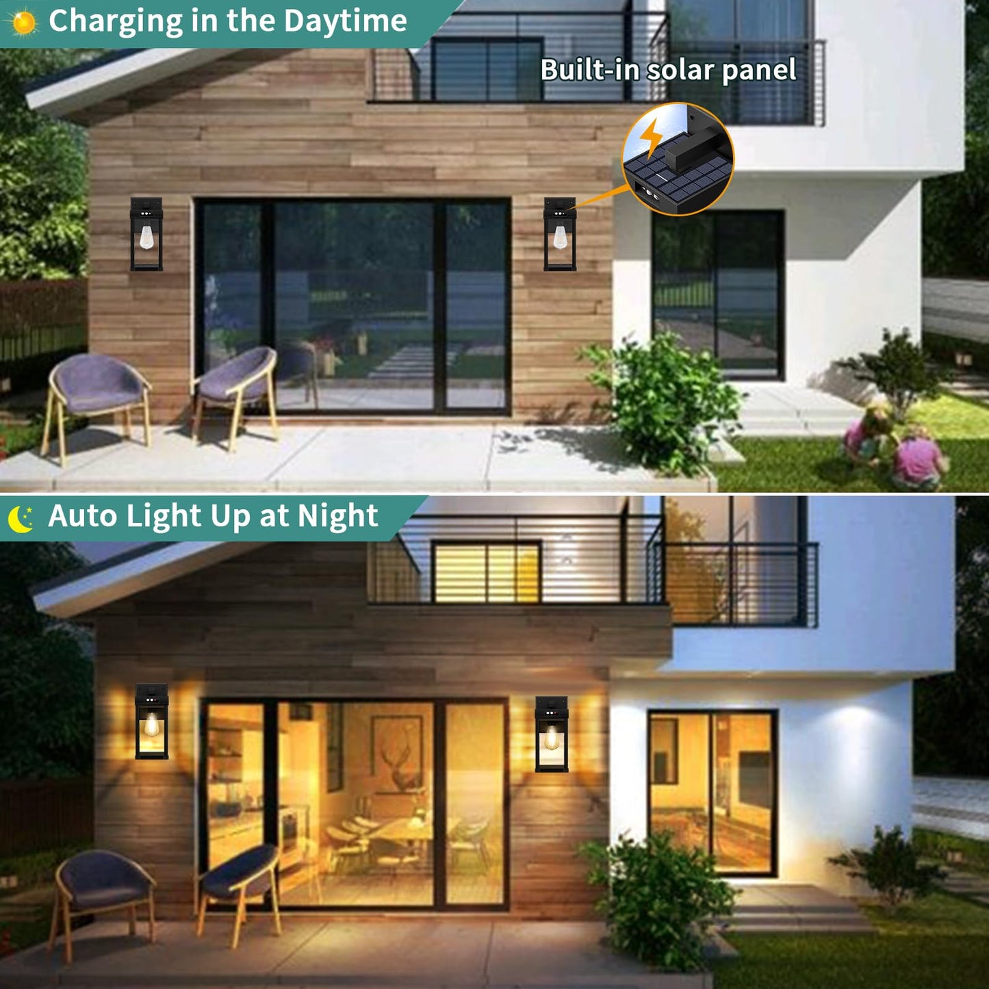 AEQ Solar Wall Lights Outdoor, 3 Lighting Modes, Motion Sensor, Black, 5.8 x 5.8 x 13.58 in, Model AE06, 2 Pack