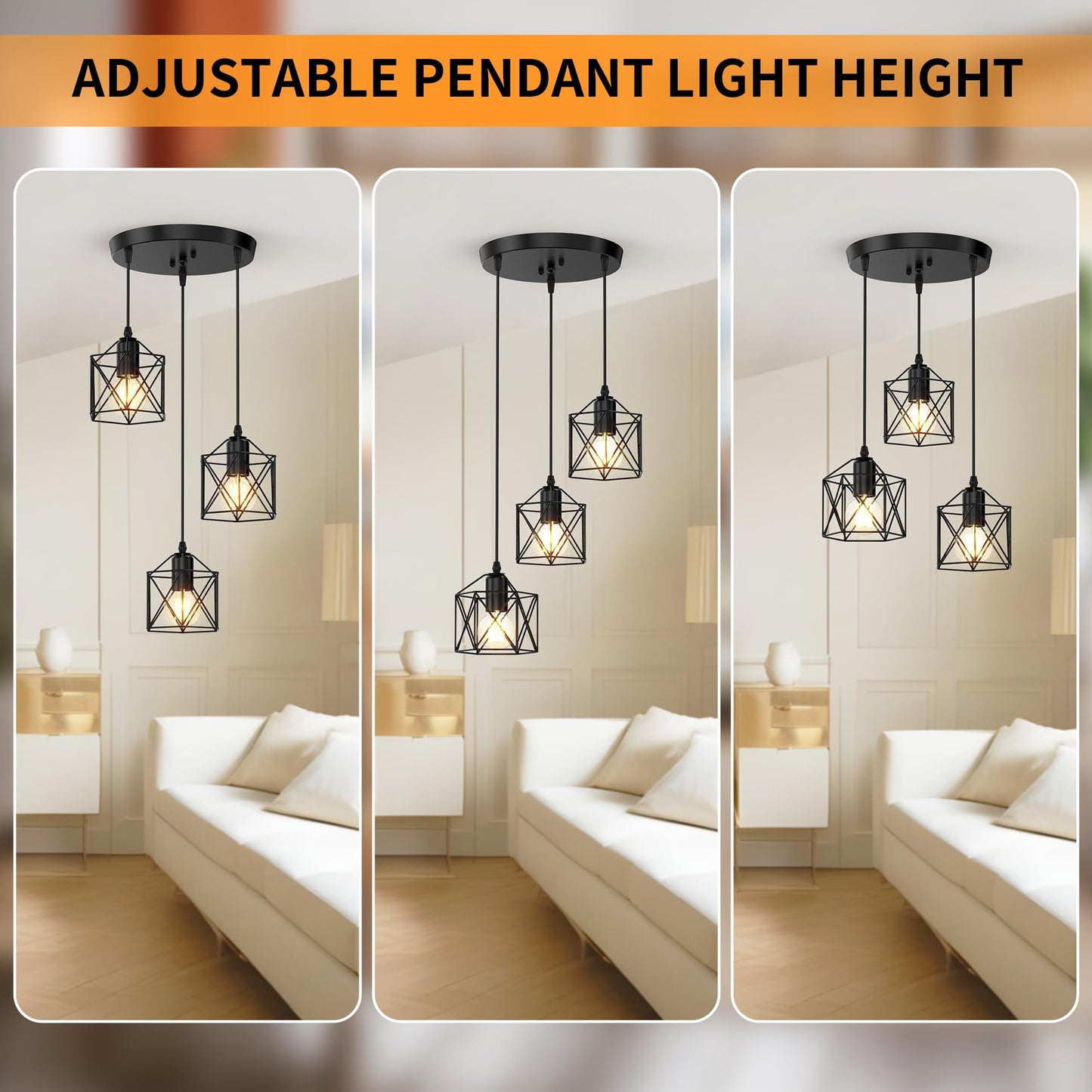 Phaosio 3-Light Pendant Lighting  Farmhouse Hanging Light Fixture For Kitchen Island & Dining Room  Industrial Vintage Ceiling Lamp With E26 Base  Adjustable Height  Matte Black