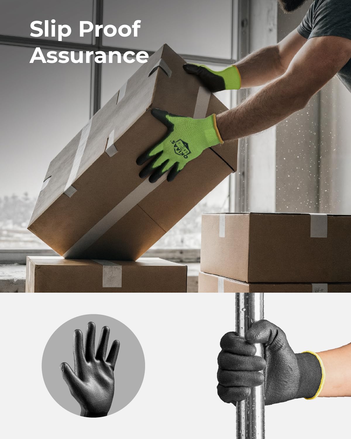 OKIAAS Work Gloves for Men，Ultra Thin and Lightweight Working Gloves with Grip, Bulk Case of 60 Pairs Construction Gloves with Polyurethane Coating, Safety Gloves for Light Duty Work (Black, Medium)