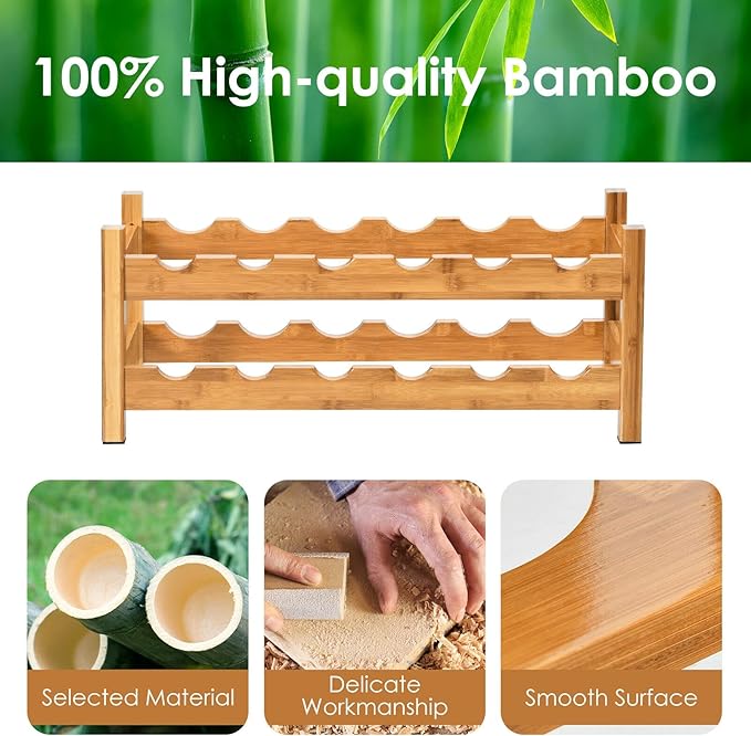 HAPPYGRILL Wine Rack, Free Standing 12 Bottles 2-Tier Wine Display Rack, Bamboo Wine Storage Rack Countertop, Natural Wine Bottle Holder Shelf for Bar, Home, Kitchen, Pantry