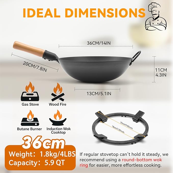 WANGYUANJI 14.2 Inch Round-Bottom Iron Wok, Deep Chinese Stir-Fry Pan (Seasoning Required), Wok Ring Required, Not Flat-Top/Induction — No Lid, No Ring,Wooden Handle, Coating-Free