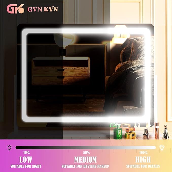 Makeup Vanity Mirror with Lights 32" x 24" Large LED Makeup Mirror, Light up Mirror with 10X Magnification and USB Charging Port, with Dimmable 3 Modes, Touch Screen Control Round White
