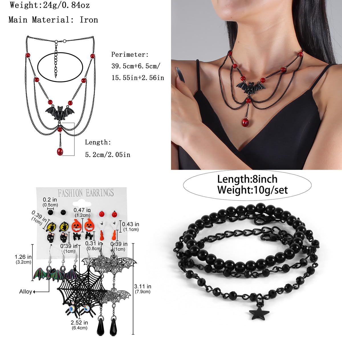 CONGYING 41 PCS GothicJewelry Set with Halloween 3 PCS Necklace, 9 PCS Bracelet, 12 PCS Earring, 16 Pcs Knuckle Rings Halloween Jewelry Set for Women (W1060)