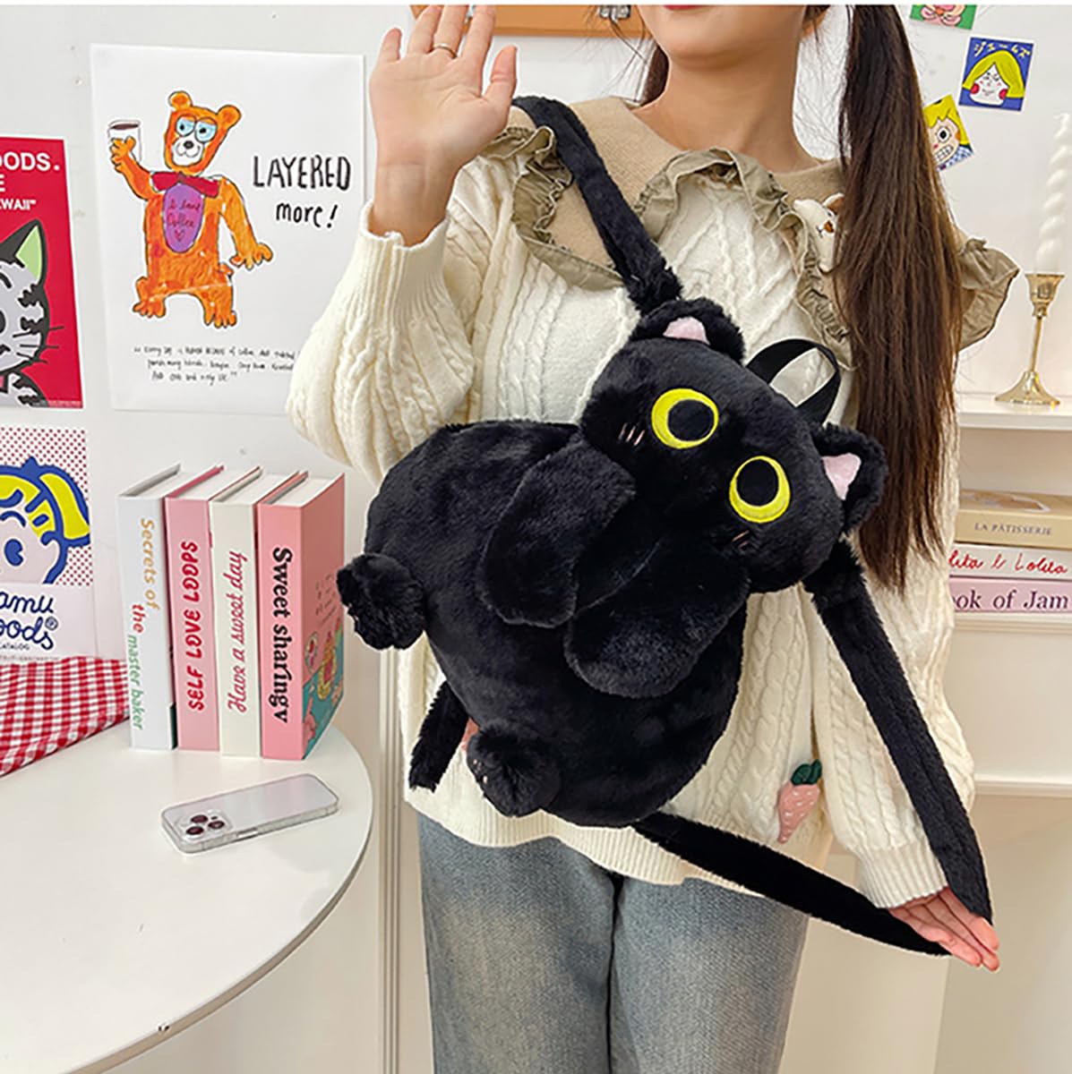IYOOCSS Girls Black Cat Plush Backpack – Stuffed Animal Cat Bag with Adjustable Straps, Perfect for Birthday Travel & Gifts (Black Cat)