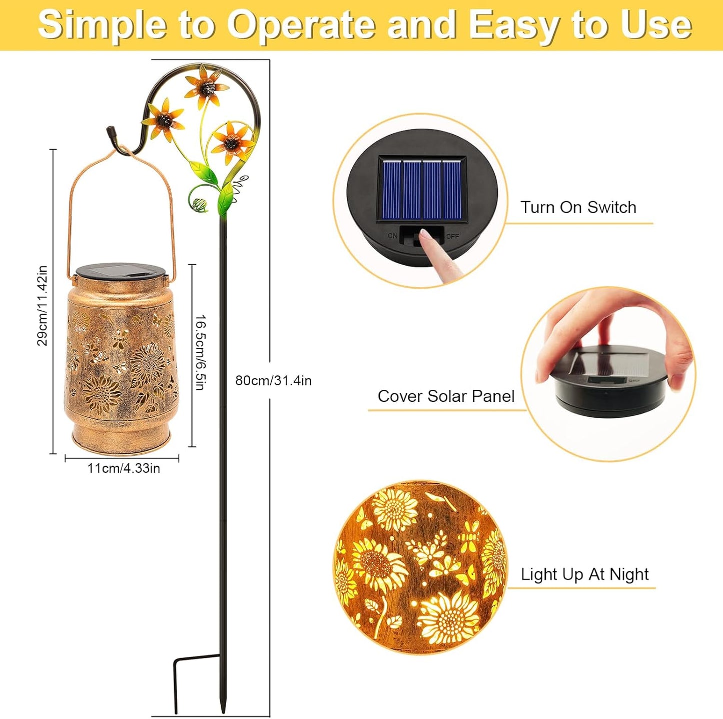 Sunflower Solar Lanterns Garden Decor, Birthday Gifts for Women Mom Grandma Metal Hanging Solar Lights Outdoor Waterproof LED Decoration with Shepherd Hook Outside for Garden Yard Patio Fall Decor