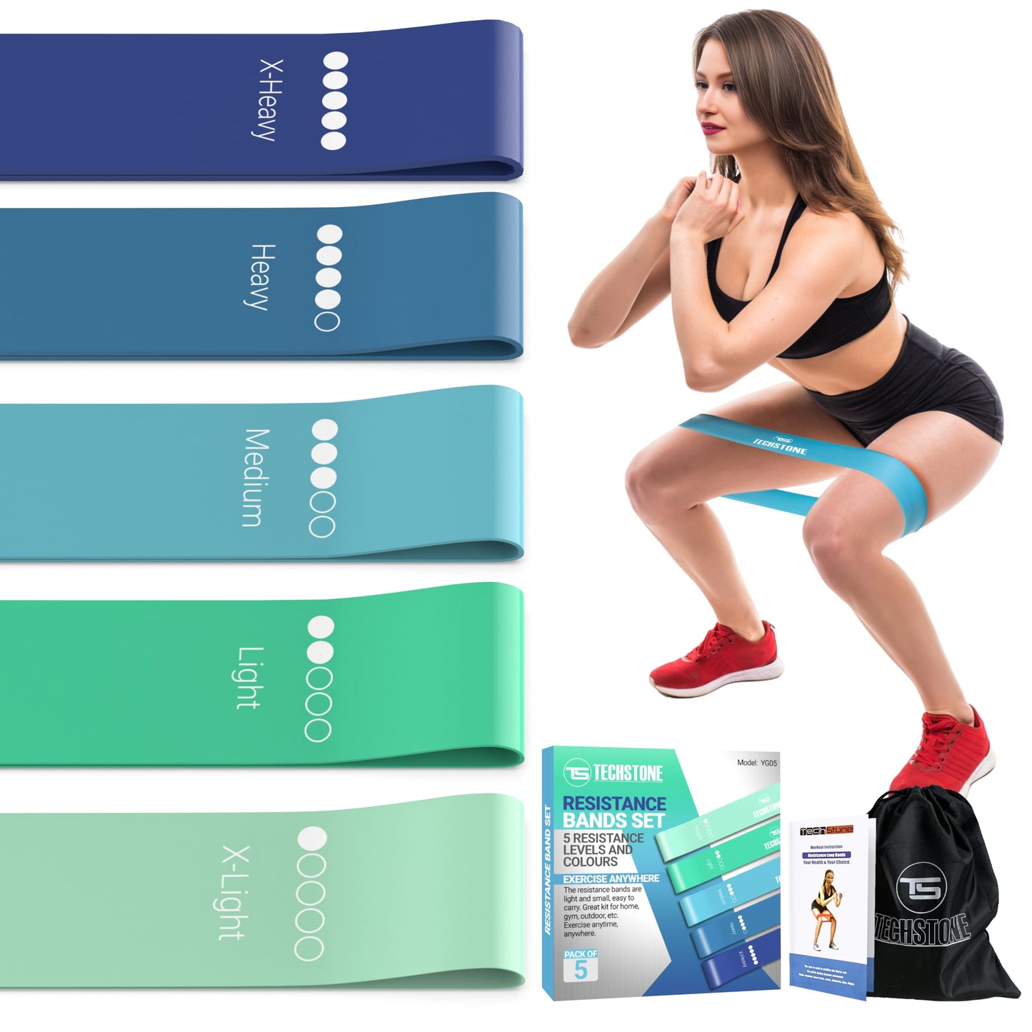 TechStone Resistance Bands Set for Men and Women, Pack of 5 Different Levels Elastic Band for Home Gym Long Exercise Workout – Great Fitness Equipment for Training, Yoga – Free Carrying Bag (Blue)