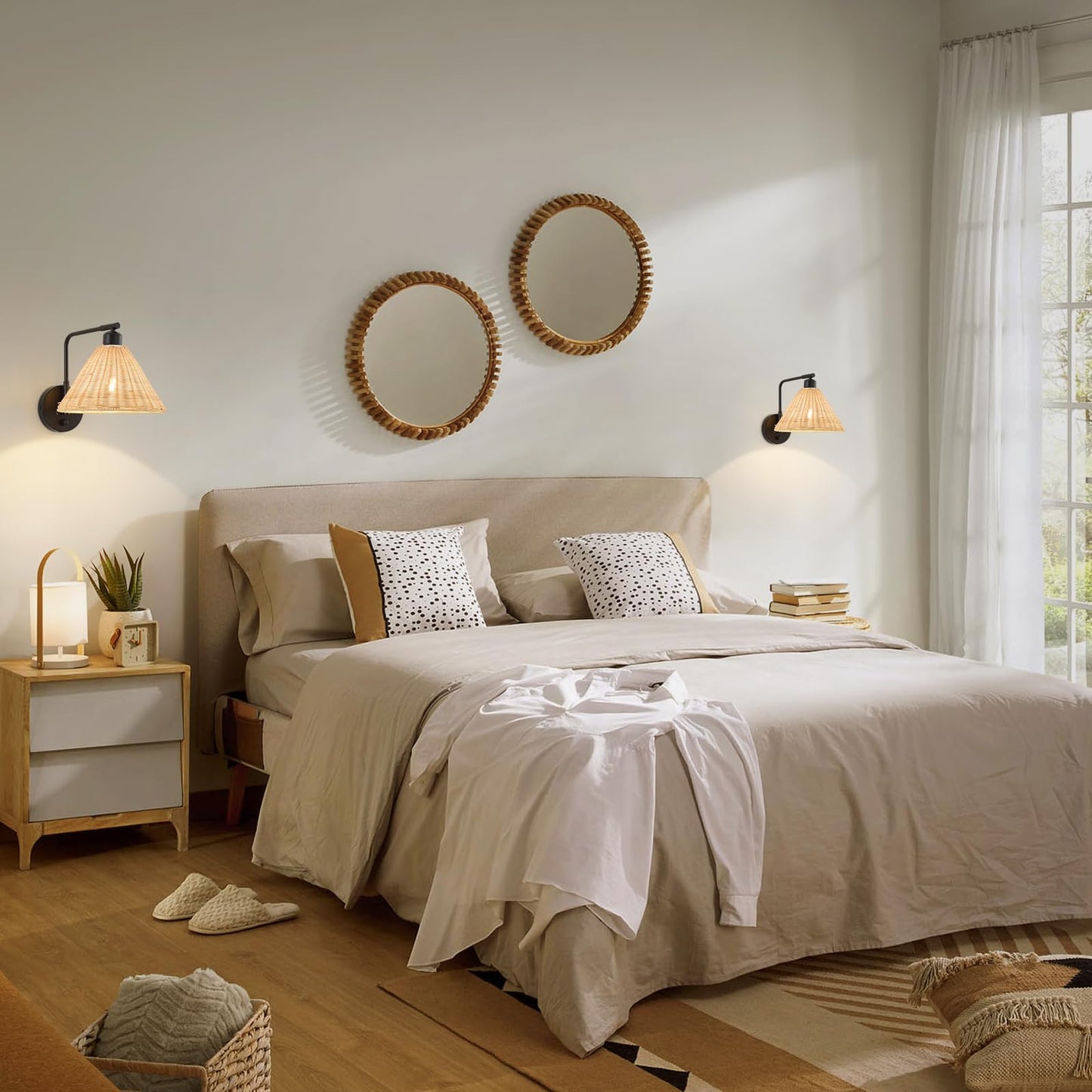 Weaboopre Rattan Plug In Wall Sconce Set Of 2  Black Wall Lamps With Plug In Cord And Dimmer  Hand Woven Wicker Sconces Swing Arm Wall Mount Light Fixture Beside Lighting For Bedroom  Living Room