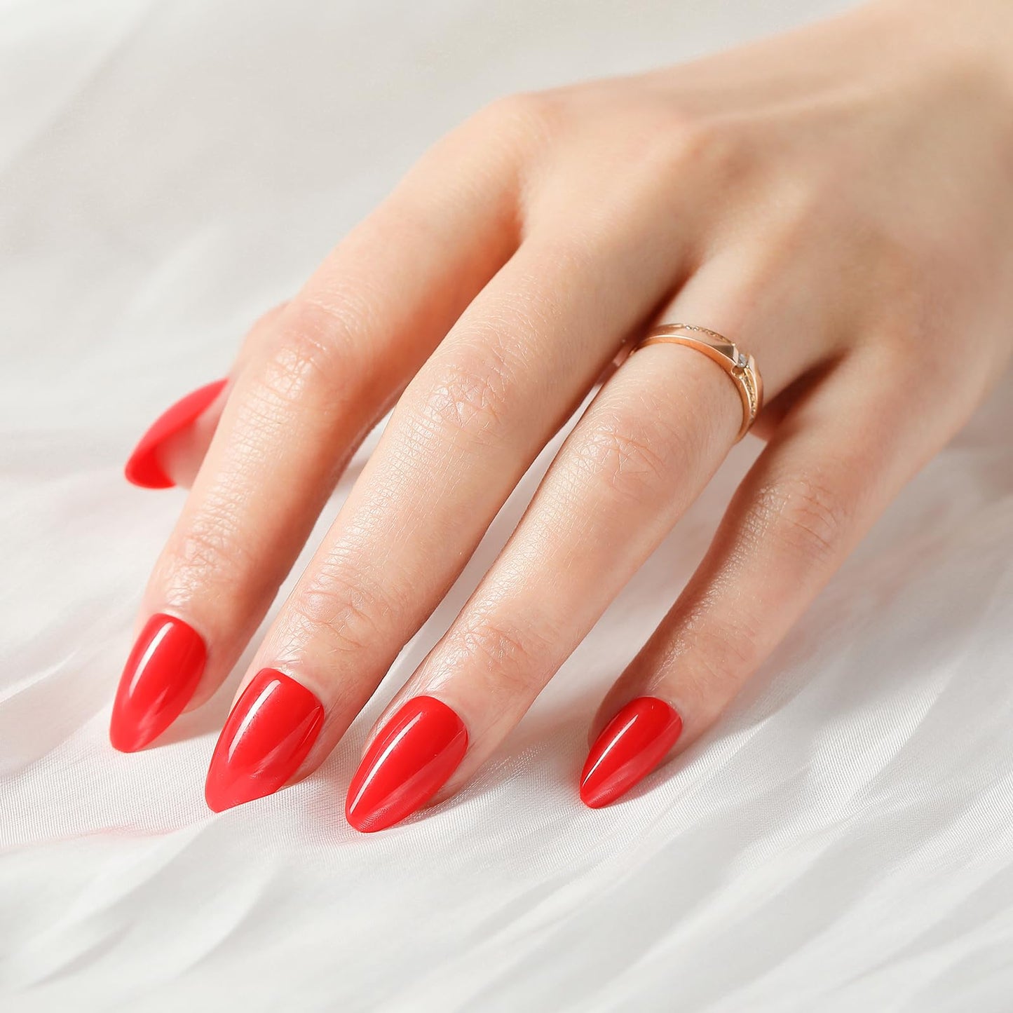 MRSCOL Press on Nails-Fiery Red,32 Pcs Press on Nails Almond,Press On Nails Short Reusable 16 Sizes - 32 Nail Kit with Glue