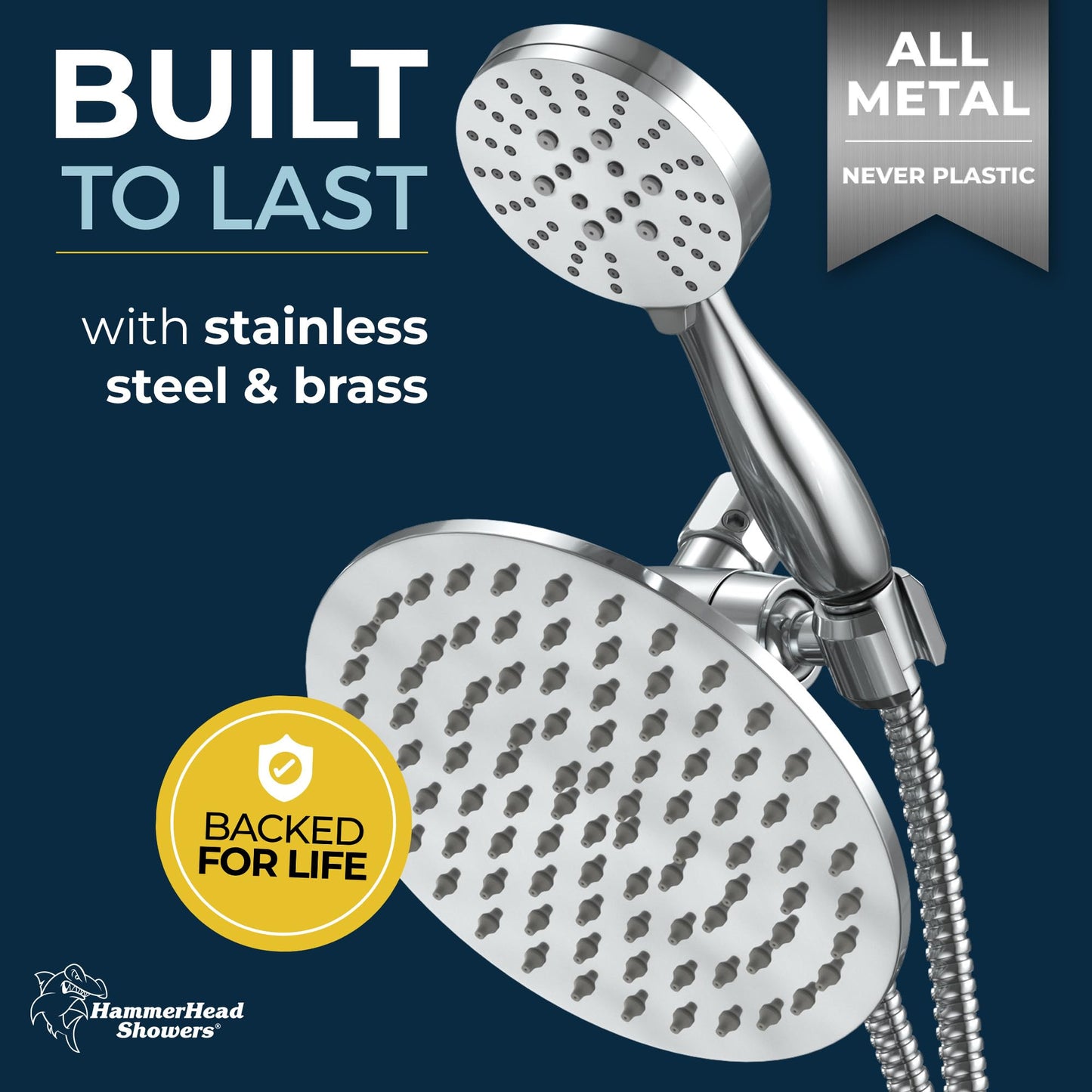 HammerHead Showers Dual Shower Head Combo, 8-Inch Rainfall & 3-Flow Handheld, Chrome, 2.5 GPM
