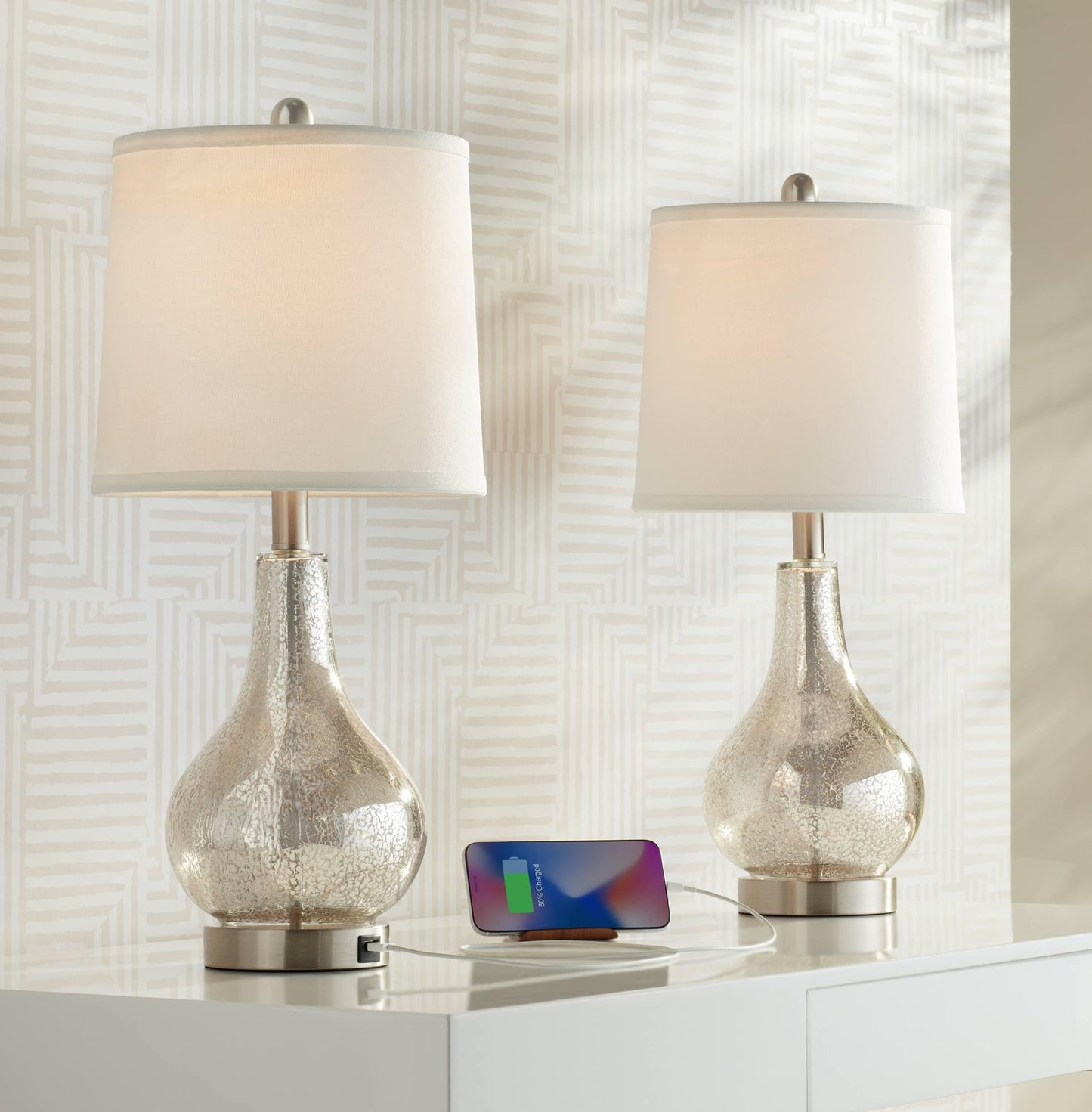 360 Lighting Accent Table Lamps Set of 2 with USB Charging Port, 21.75in High, Mercury Glass, Brushed Nickel, Model 23X82