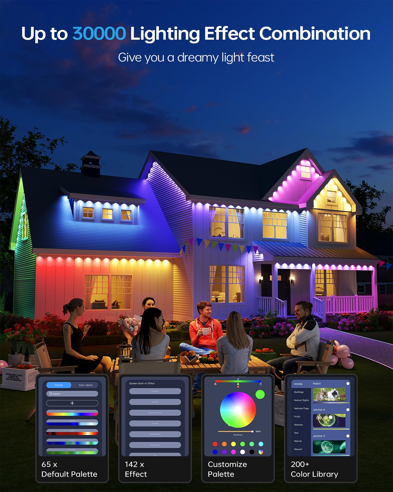 Asahom Ai Permanent Outdoor Lights S107B  100Ft With 72 Rgbcw Led Lights And Dual Output  30 000 Lighting Effect Combination  Ip67 Waterproof For House Halloween Christmas And Daily Decoration  White